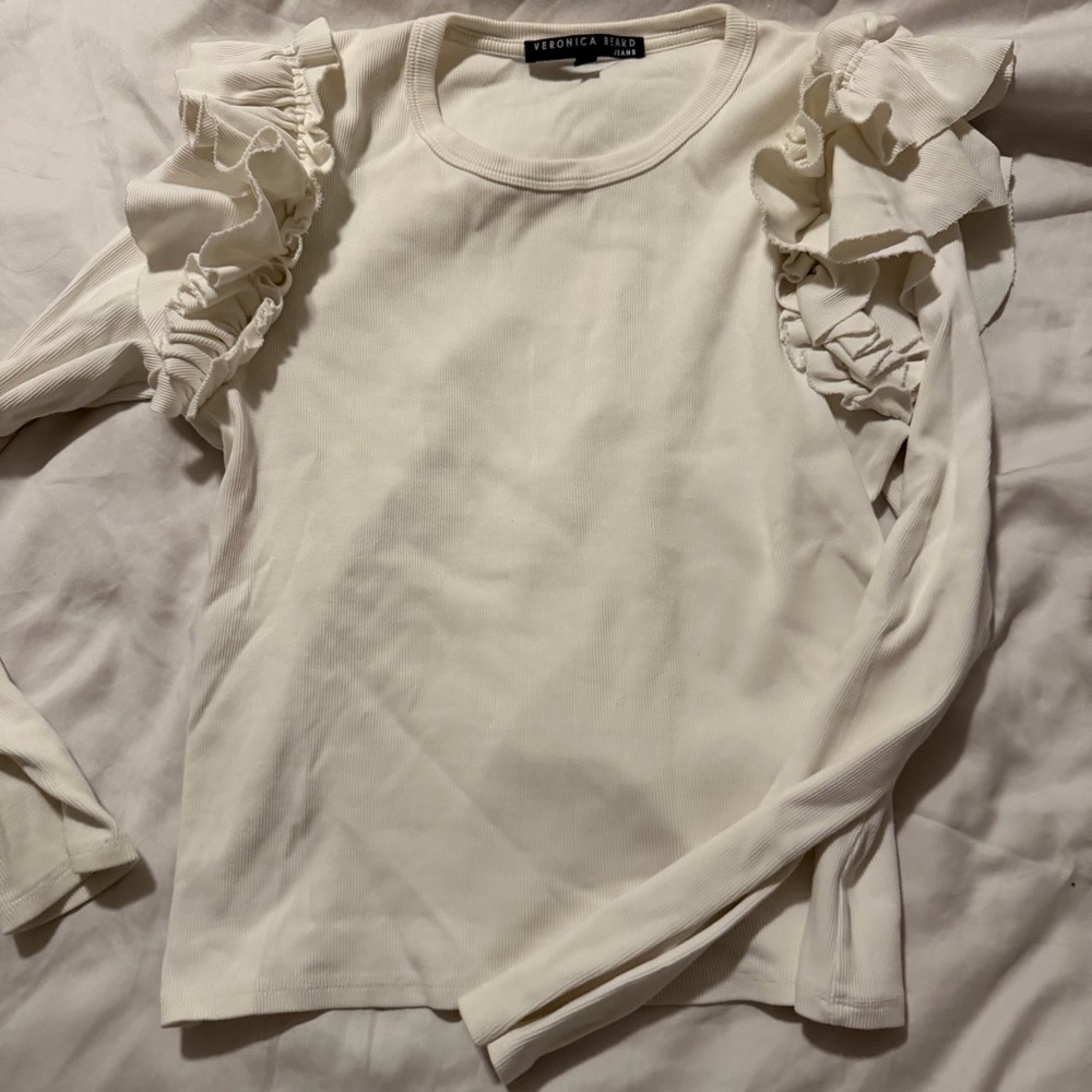 Veronica Beard White Ruffle Sleeve Top